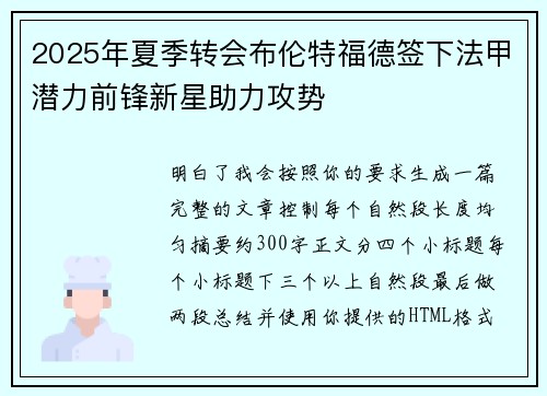 2025年夏季转会布伦特福德签下法甲潜力前锋新星助力攻势